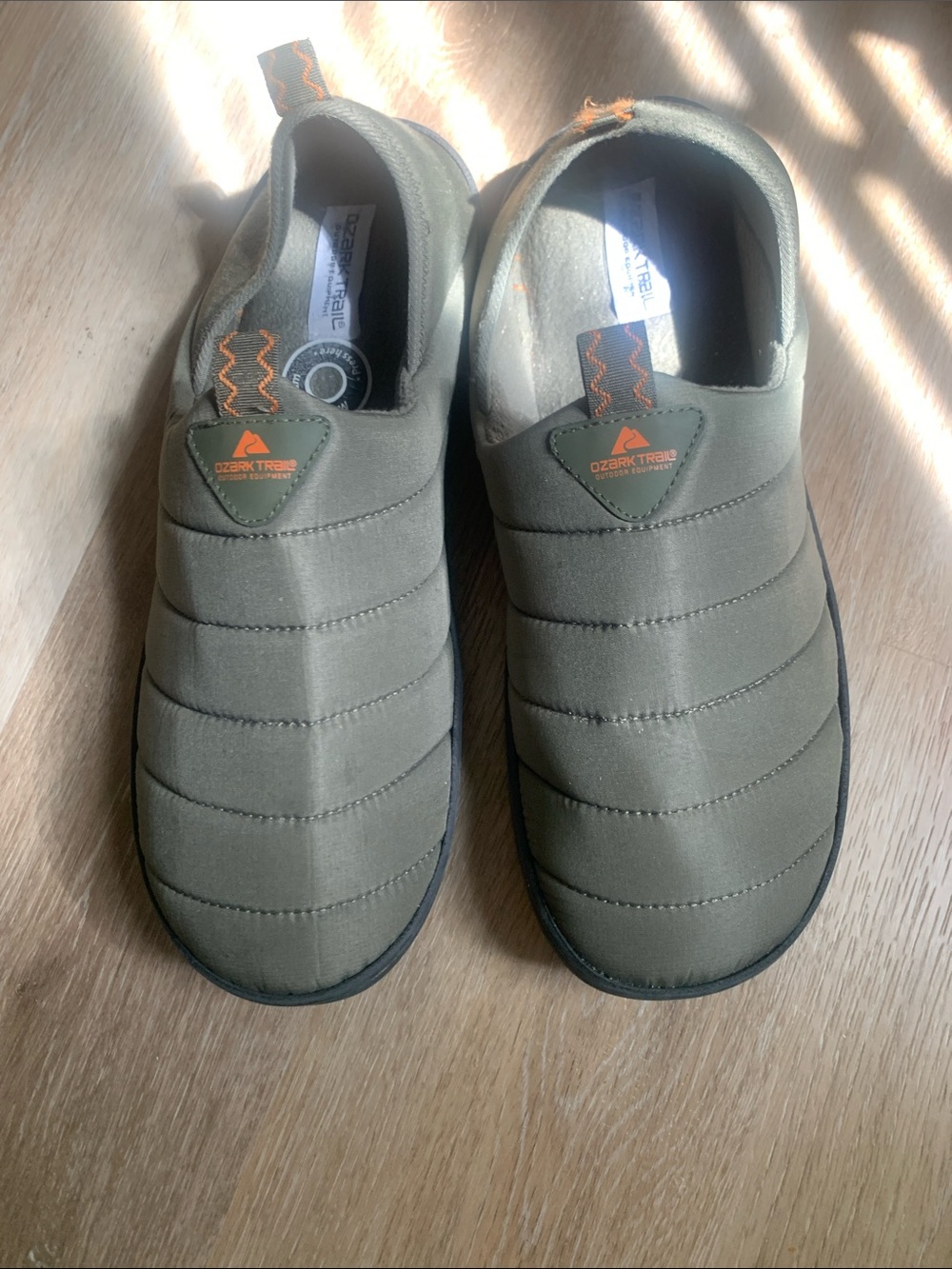 Ozark Trail Olive Green Quilted Slip-On Loafers with Orange Accents